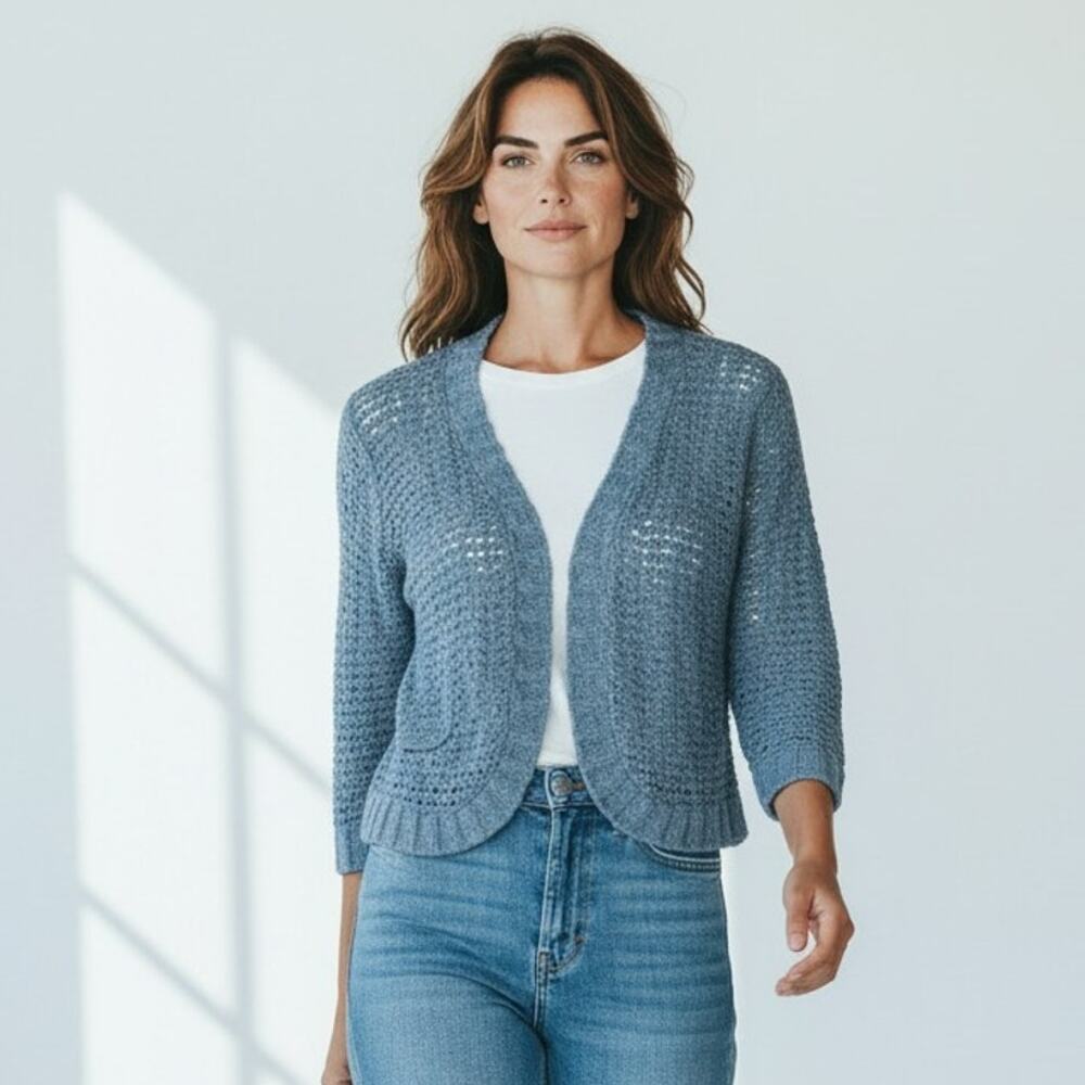 WindRiver Cardigan Sweater Womens Medium Blue Cropped Open Knit Sheer Boho